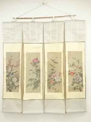 JAPANESE HANGING SCROLL / HAND PAINTED / FOUR SEASONS FLOWERS & BIRDS